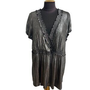 I.N.C. International Concepts Black Silver Metallic Ruffled Short-Sleeve Top 2X